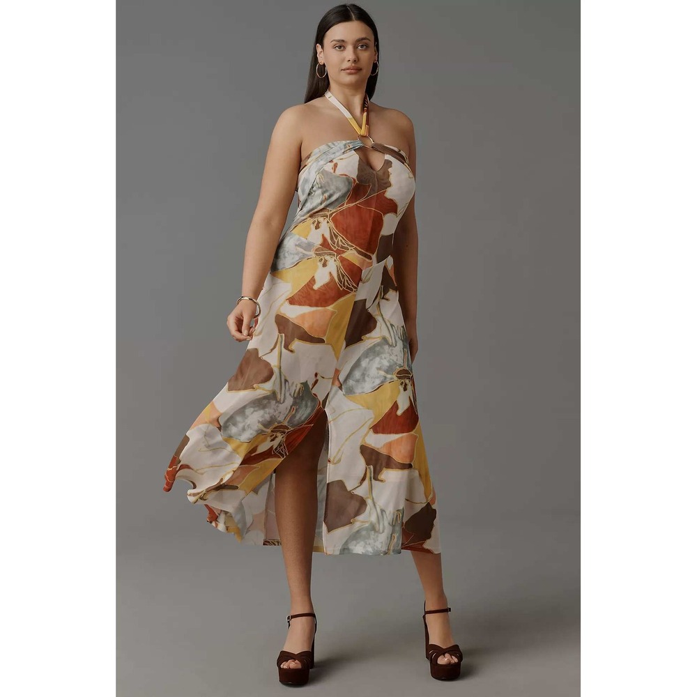 Sarah Hann Anthropologie Mesh Halter Midi Dress Abstract Floral XL NWT